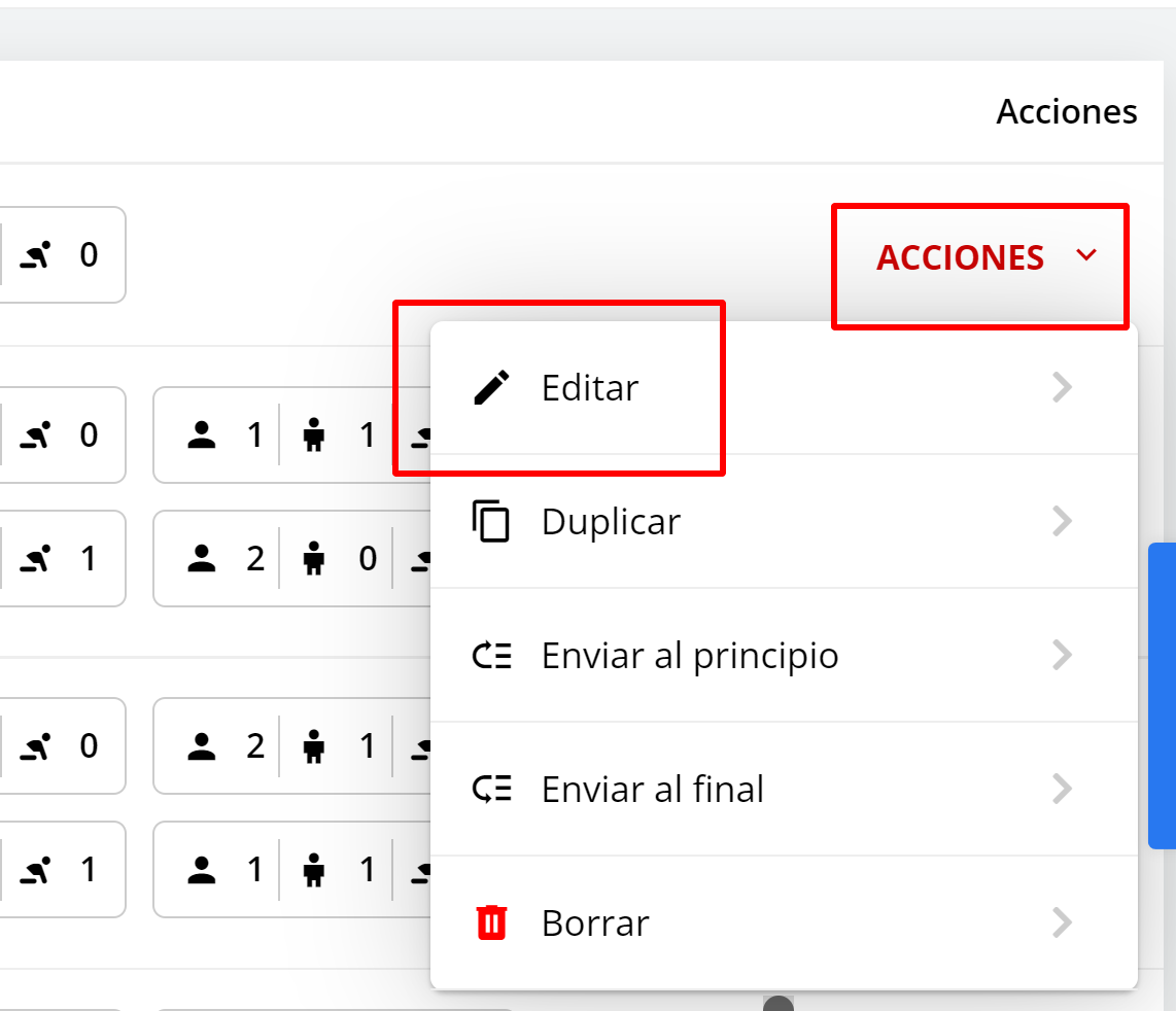 Menú Acciones - Editar habitación