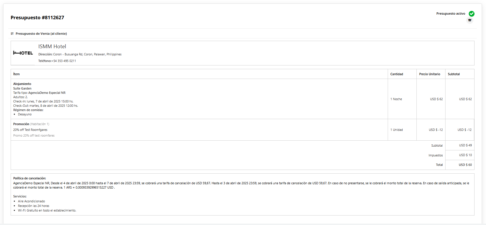Ejemplo visual del presupuesto de venta para agencias.