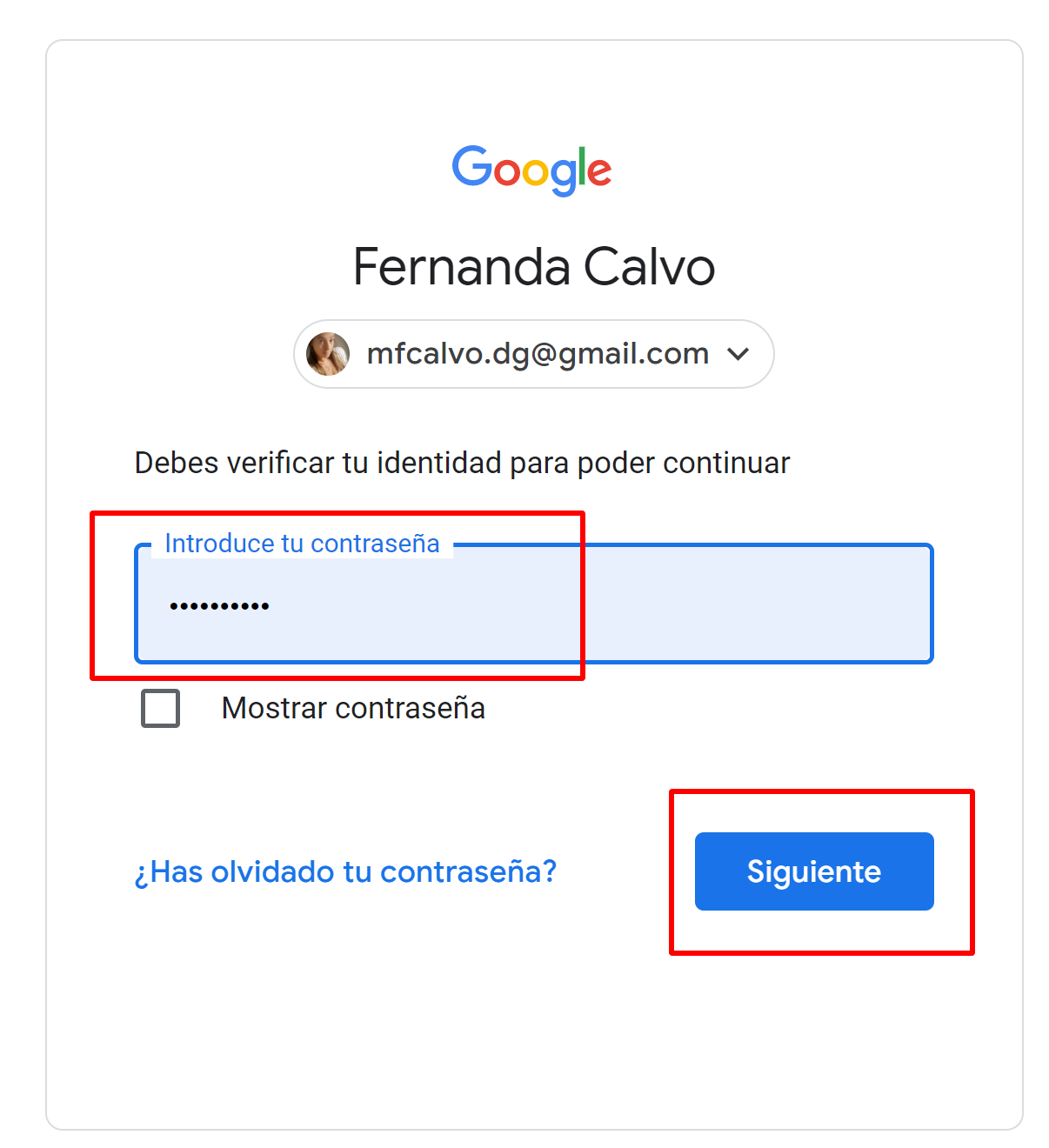 Pantalla de inicio de sesión para verificar la cuenta