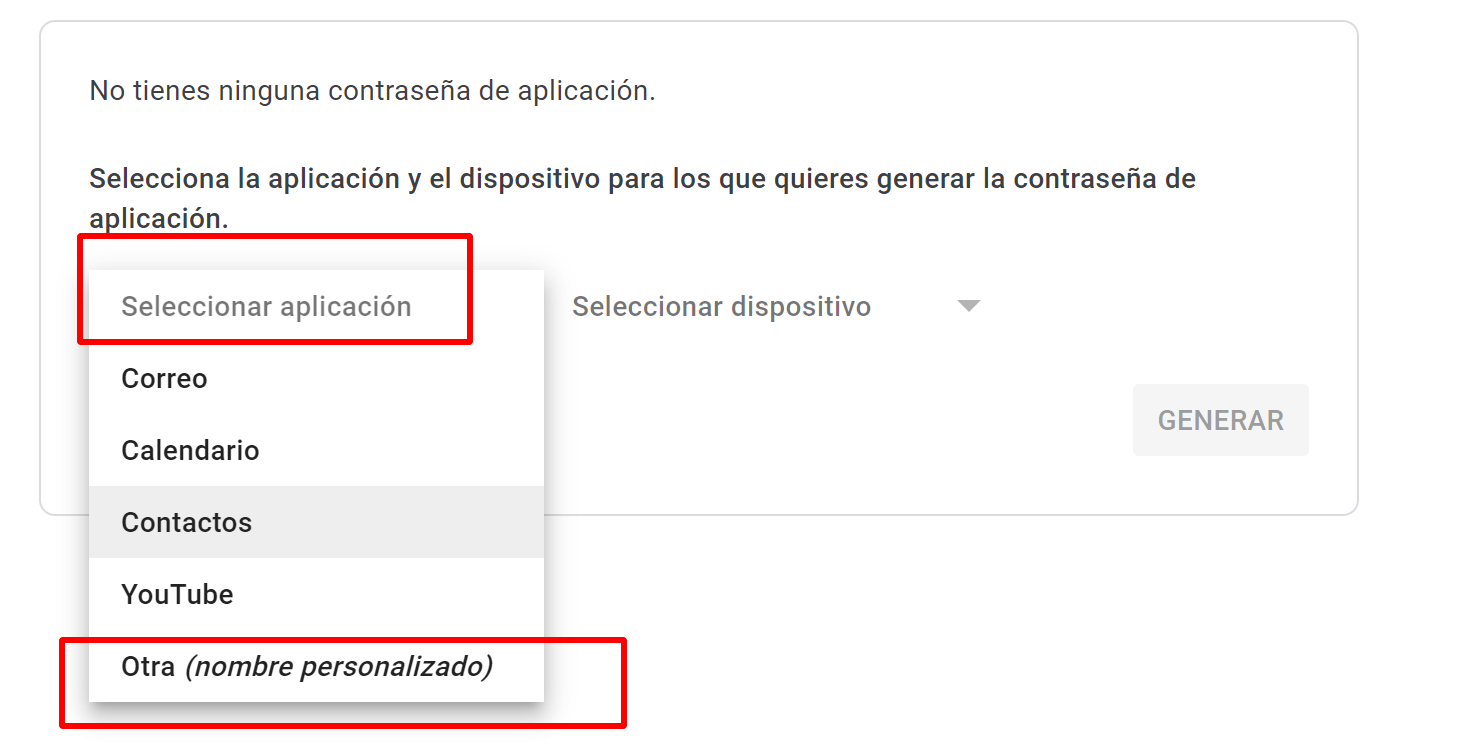 Seleccionar 'Otra (nombre personalizado)' para la aplicación