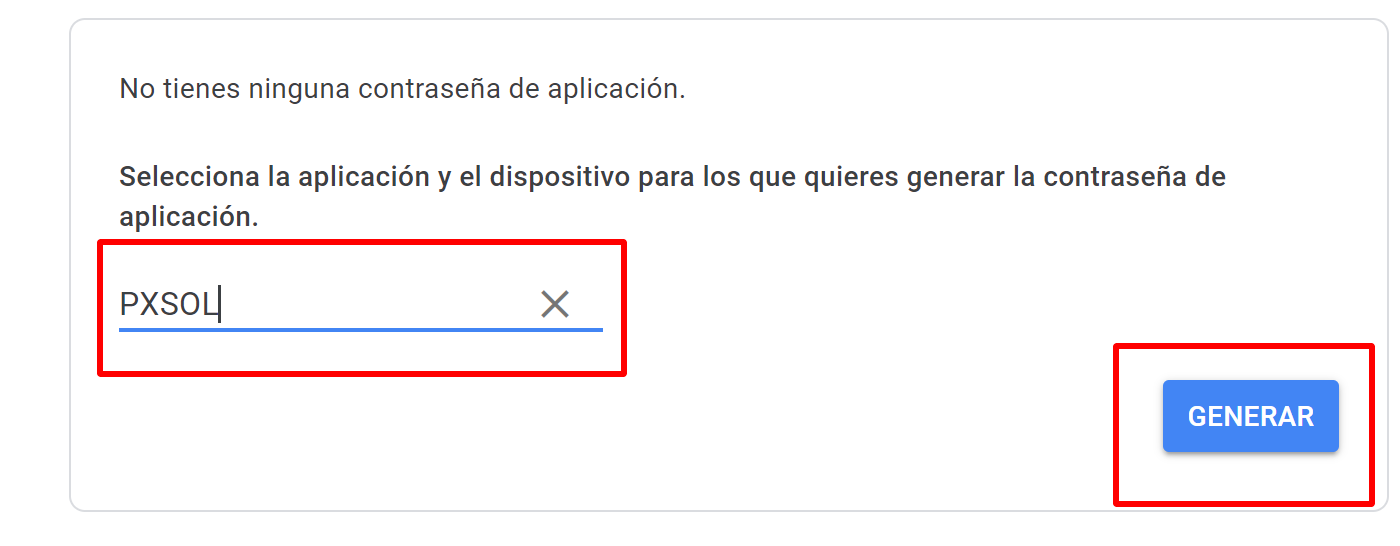 Botón 'GENERAR' para crear la contraseña de aplicación