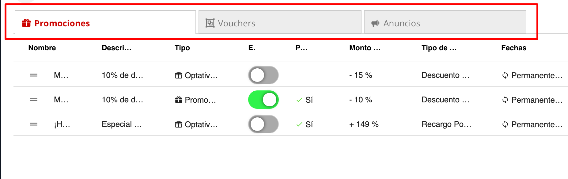 Vista de listas de Promociones, Vouchers y Anuncios
