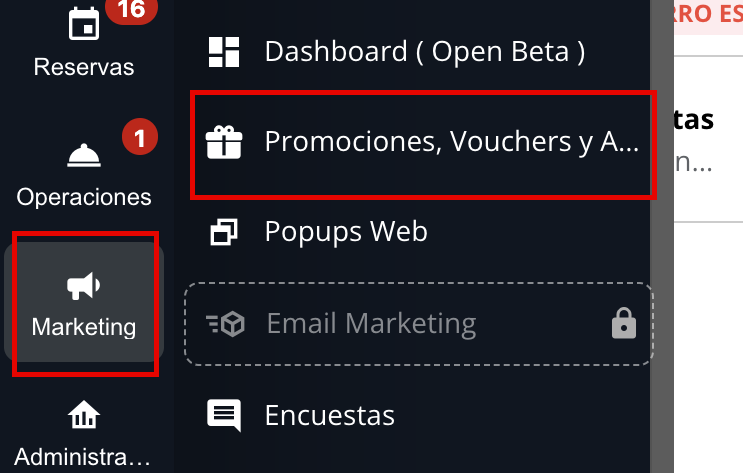 Ingreso a la aplicación desde el menú lateral de Marketing