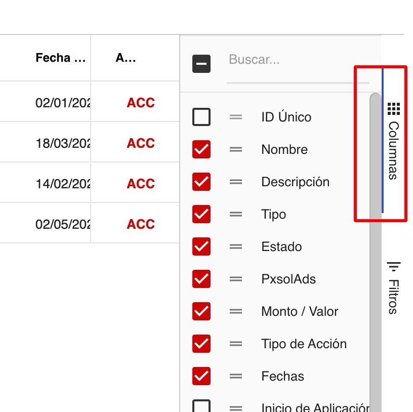 Activación y desactivación de columnas