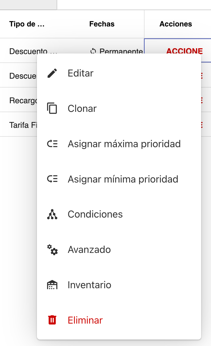 Menú de acciones para promociones, vouchers y anuncios