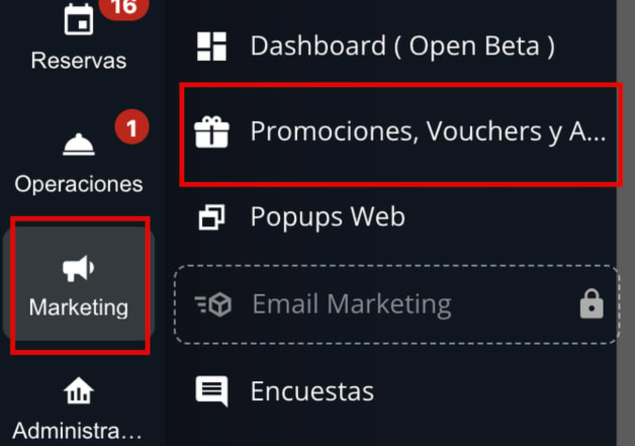Ingreso a la aplicación por menú lateral Marketing