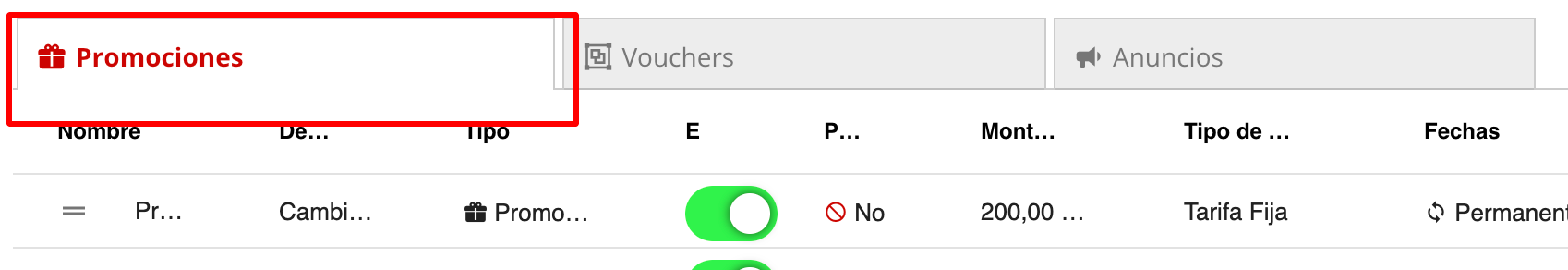 Vista de Promociones en la aplicación