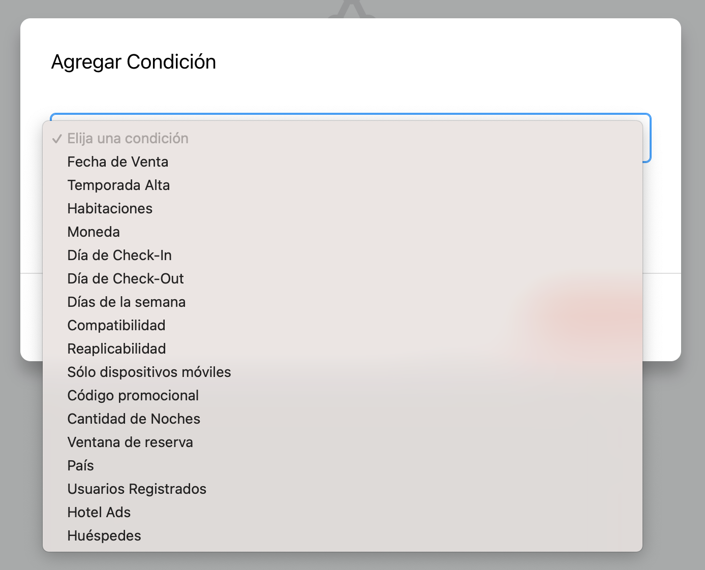 Selección de condiciones disponibles