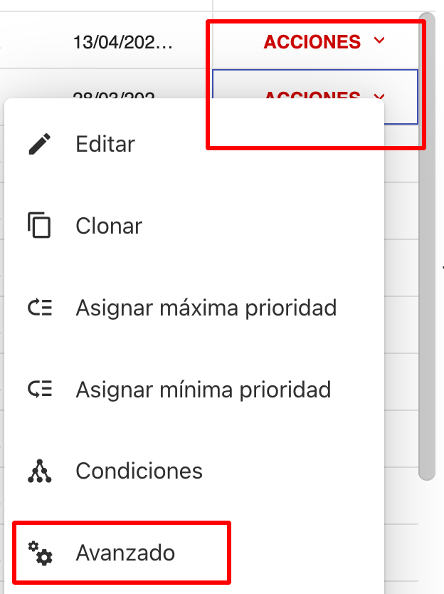 Menú de acciones y opción Avanzado