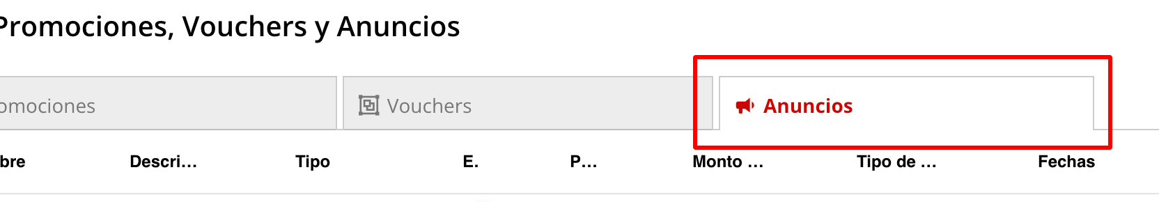 Vista de Anuncios en la tabla de la aplicación