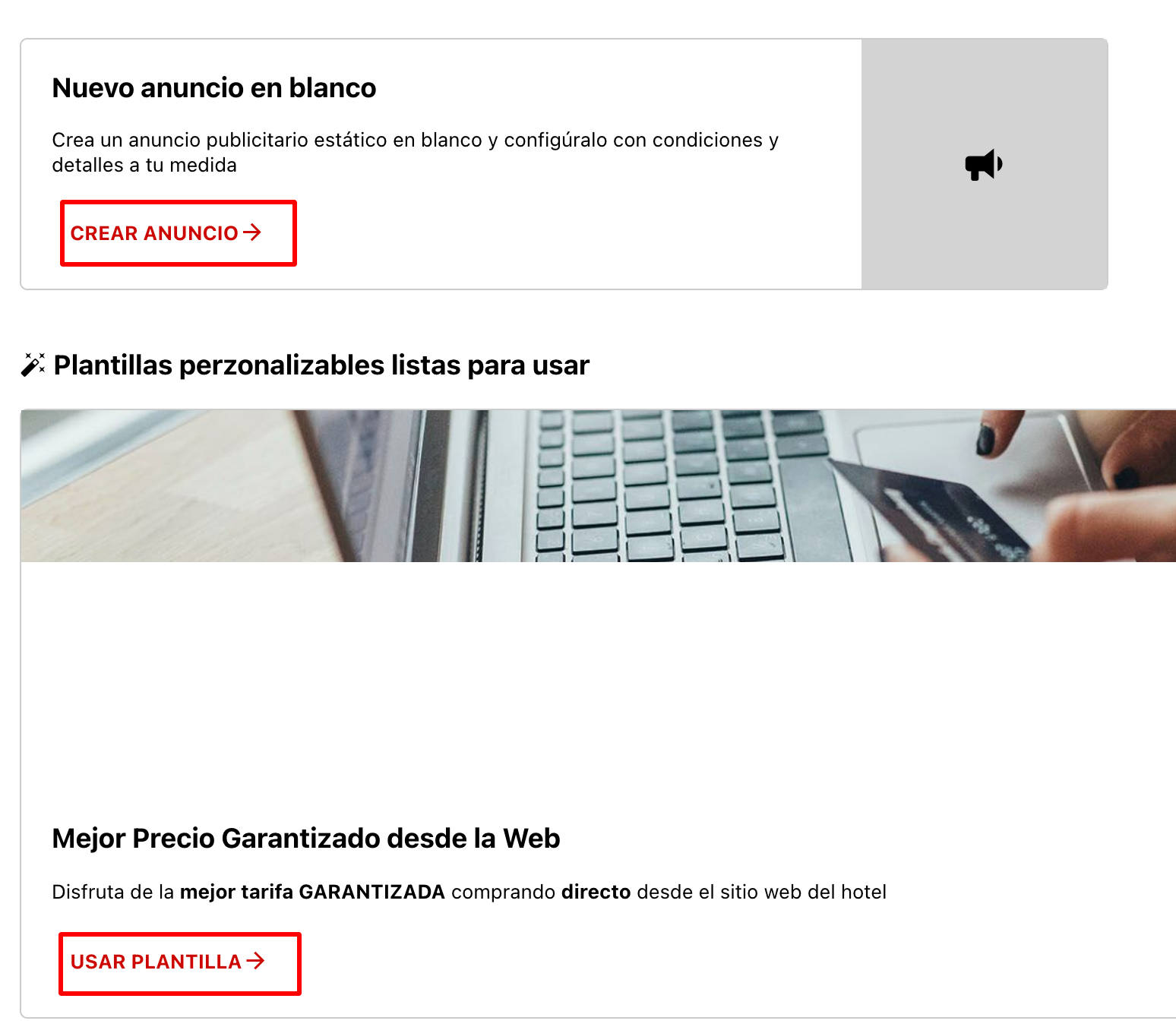 Selección entre anuncio en blanco y plantillas