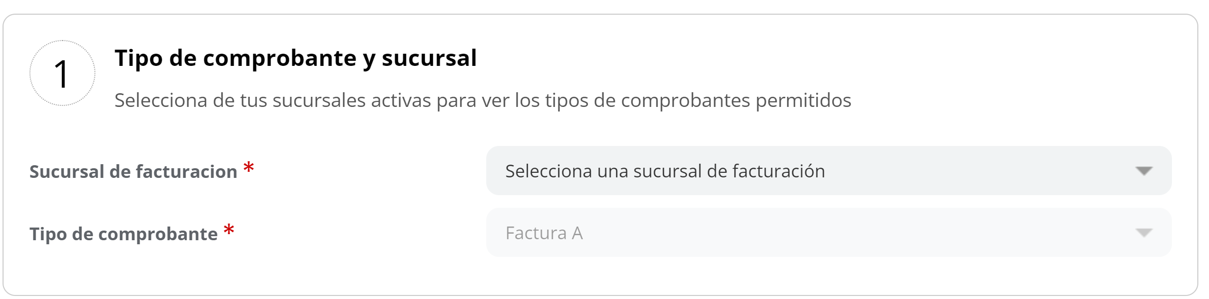 Selección de tipo de comprobante y sucursal