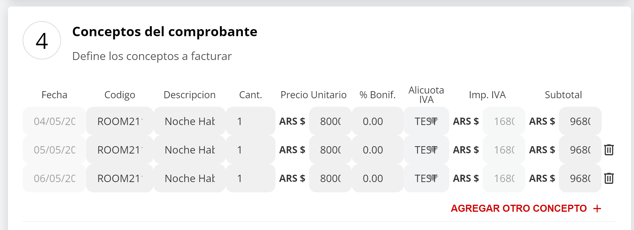 Detalle de conceptos para la nota de débito