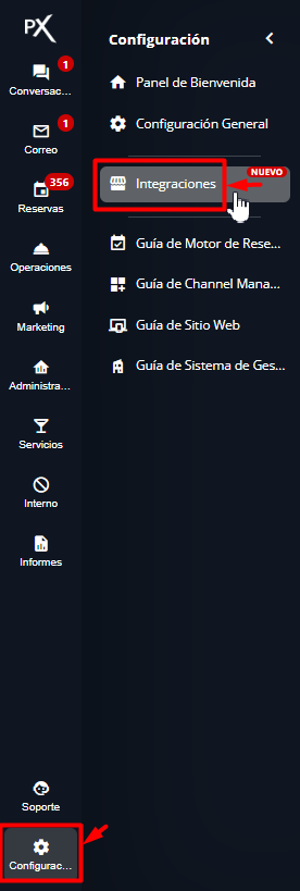 Menú de configuración e integraciones