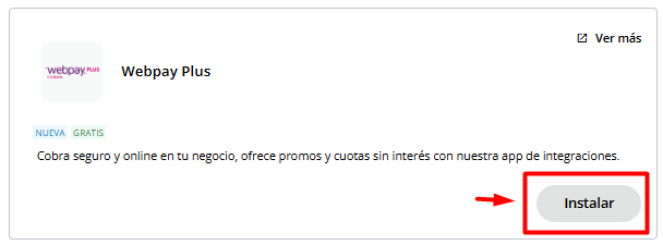 Tarjeta de WebPay con botón Instalar