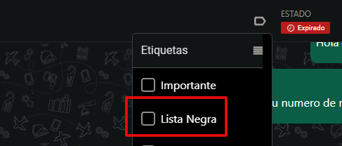 Captura de pantalla mostrando la opción de añadir etiqueta 'Lista negra' a un chat