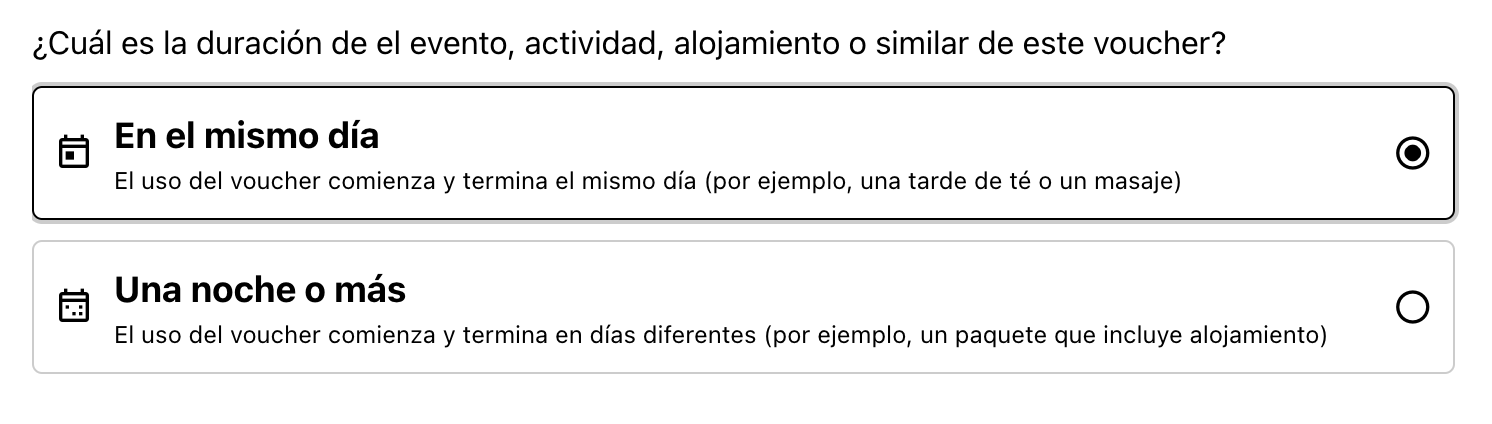 Selección de Tipo de Estancia (mismo día o Noches)