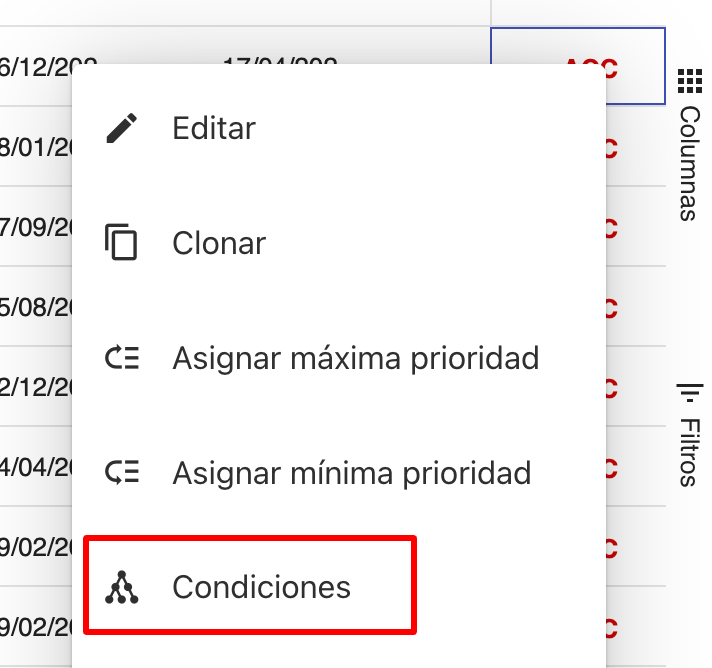 Menú de acciones y opción Condiciones