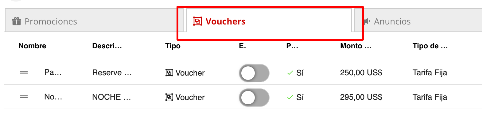 Vista de Promociones - Vouchers y Anuncios