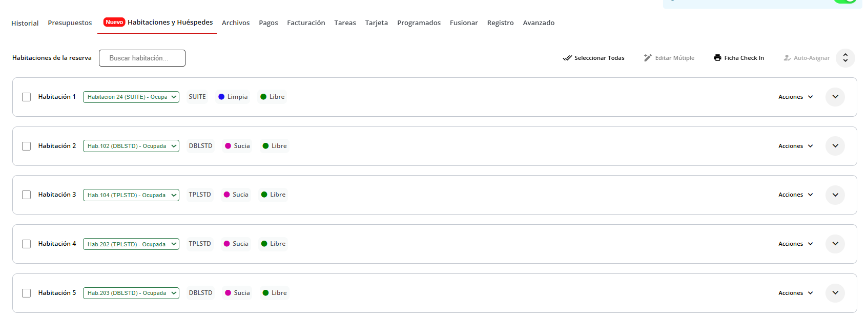 Listado de habitaciones asignadas a la reserva