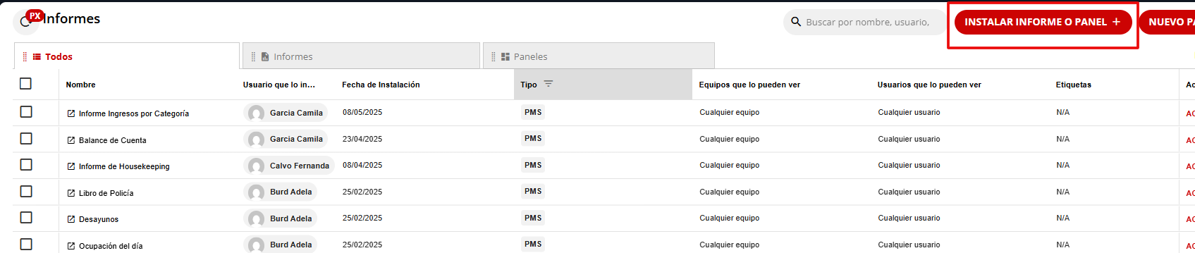 Captura de pantalla: Instalación de nuevo informe o panel