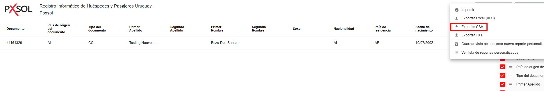 Captura de pantalla: Informe de Población Flotante en formato .csv