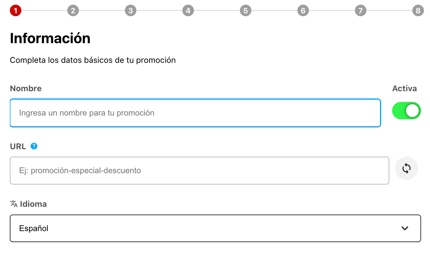 Paso 1 del asistente - Nombre y URL