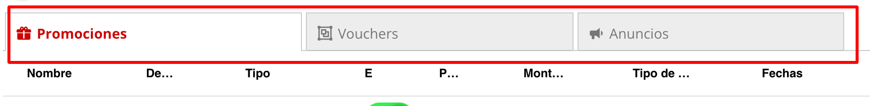 Vistas de Promociones, Vouchers y Anuncios