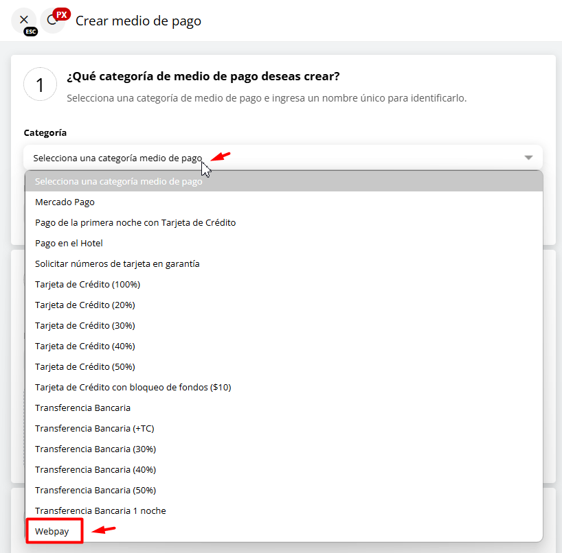 Selección de la categoría WebPay