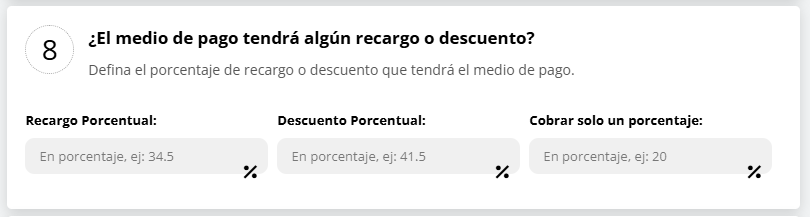Configuración de recargos o descuentos para el medio de pago