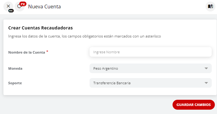 Ventana de configuración de Cuenta Recaudadora