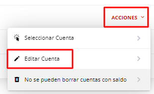 Opciones de edición de cuenta