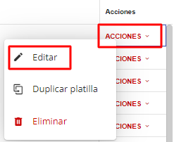 Opciones de edición de plantilla