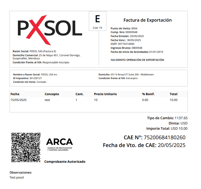 Factura de exportación emitida.