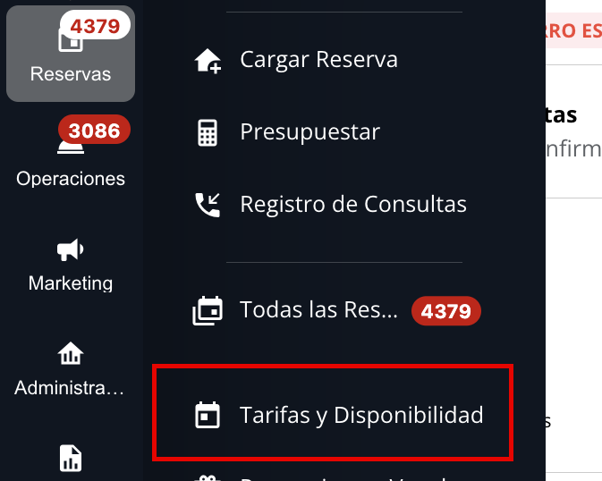 Captura de pantalla del menú principal mostrando la aplicación Tarifa y Disponibilidad.