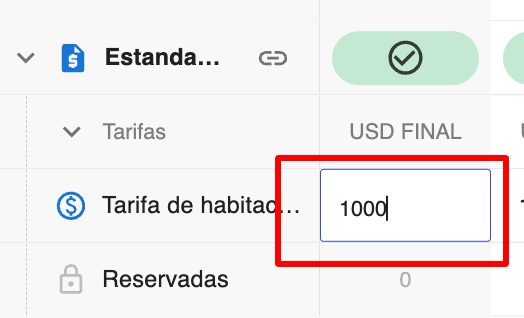 Ingreso de tarifa en la celda