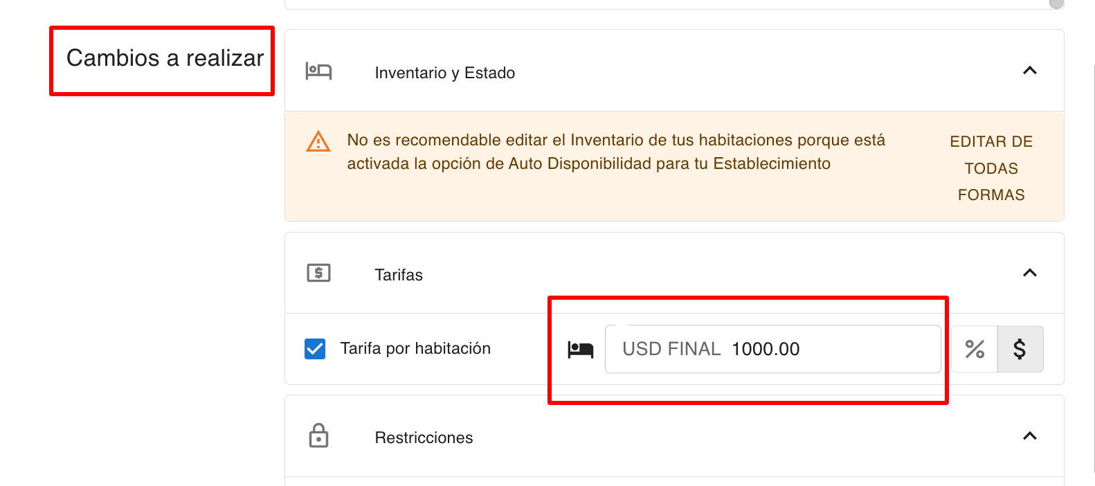 Sección de Cambios a Realizar en Edición Múltiple