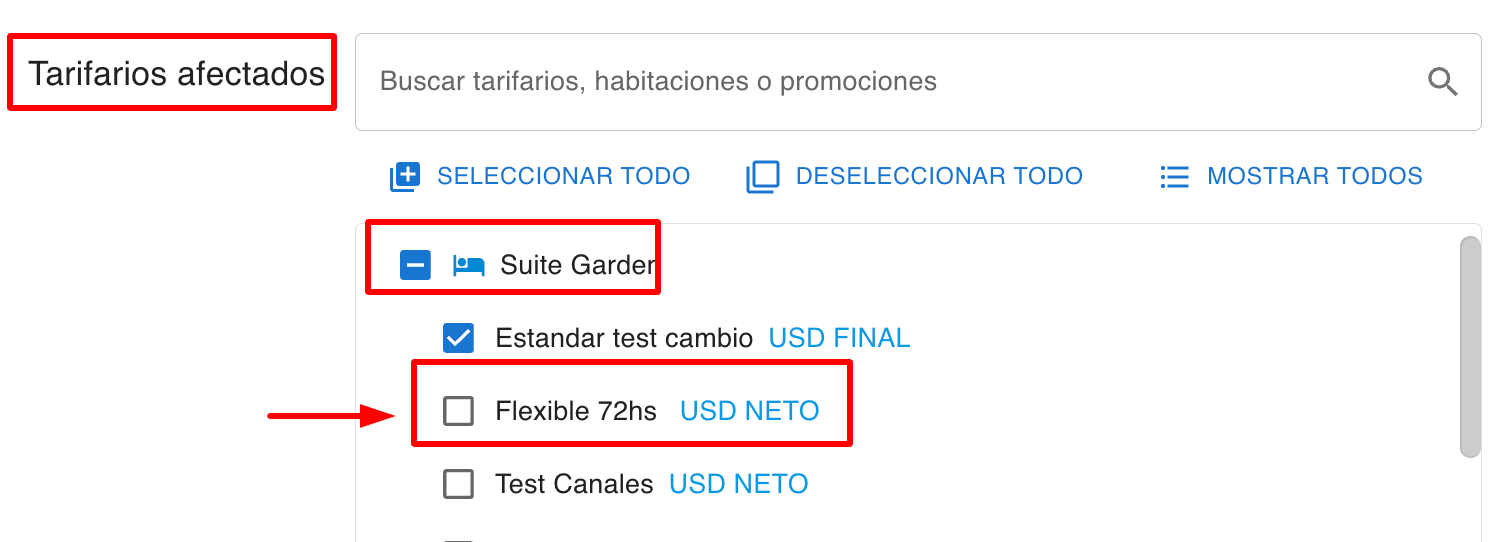 Ejemplo de selección de 'TARIFARIOS AFECTADOS' en Edición Múltiple.