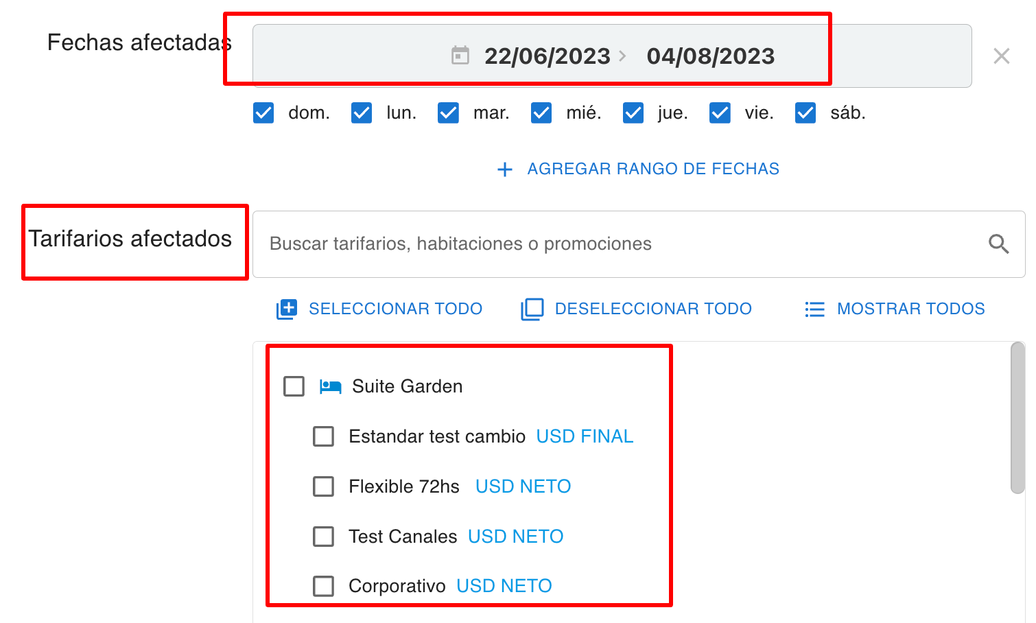Seleccionar categorías y tarifarios