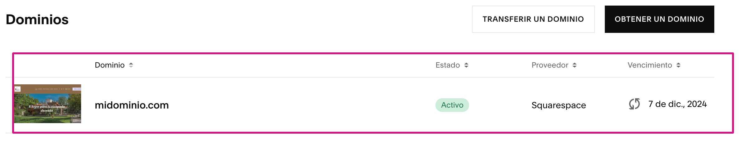 Selección de dominio en Squarespace