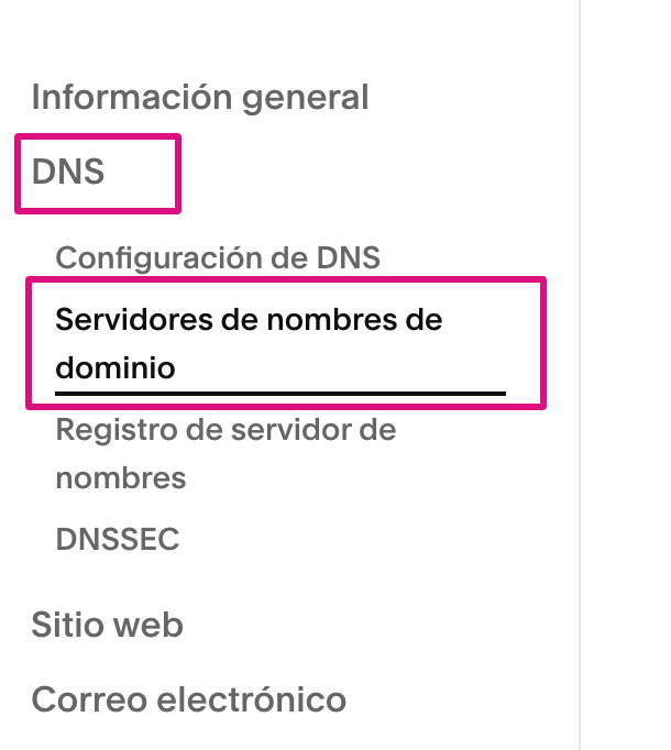 Sección DNS en Squarespace