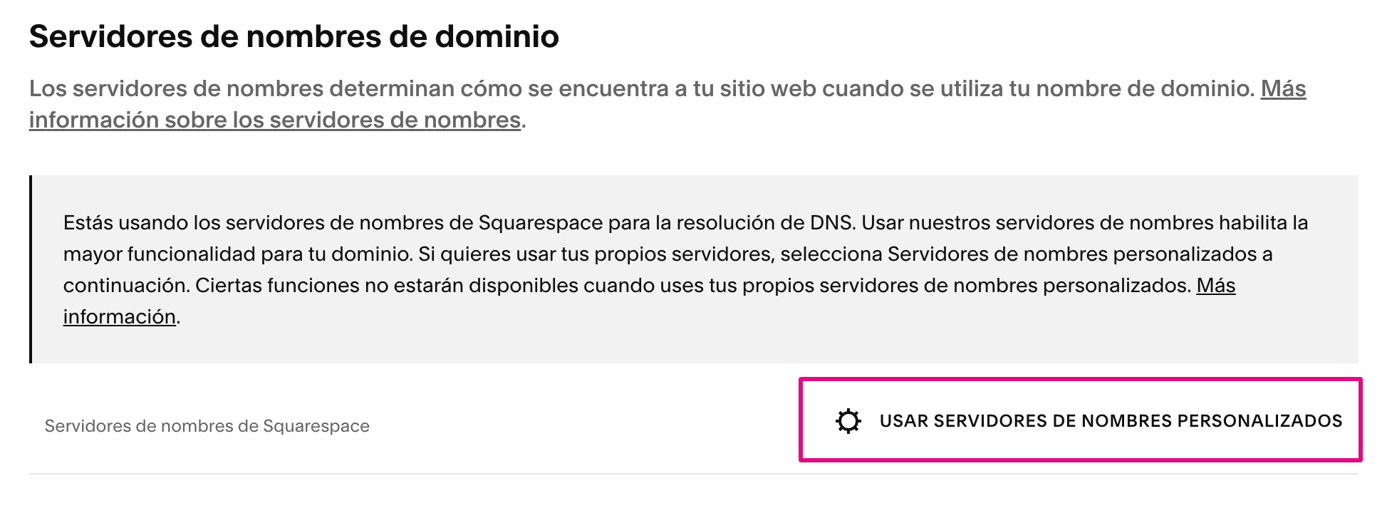 Opción para usar Servidores de Nombres Personalizados en Squarespace