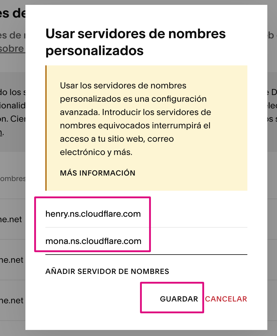 Ingreso de servidores de nombres personalizados en Squarespace