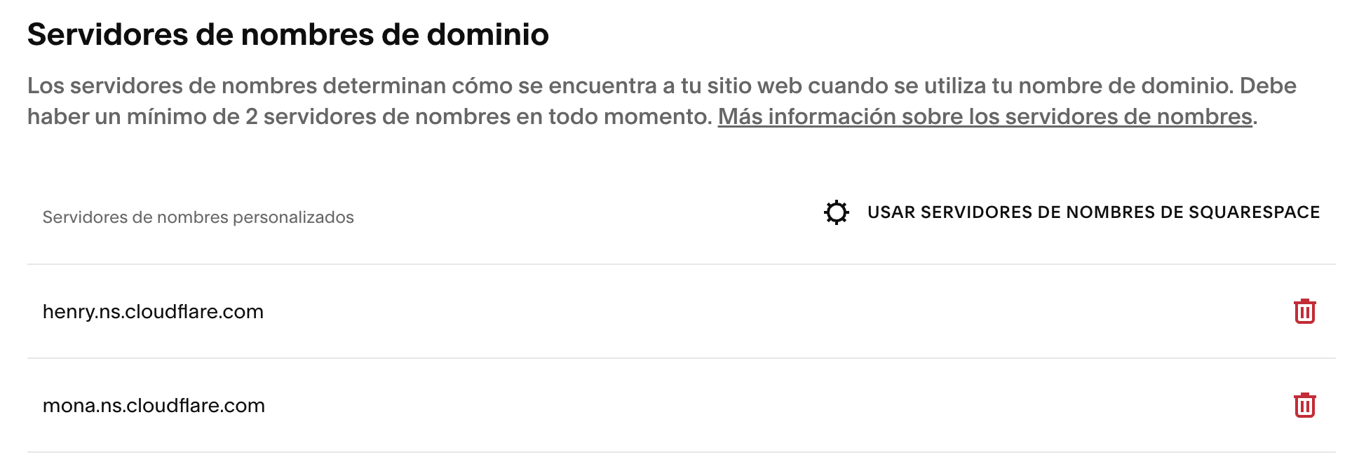 Confirmación de servidores de nombres configurados en Squarespace