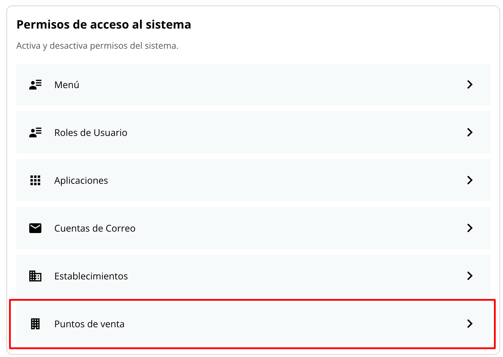 Captura de pantalla de Permisos de acceso al sistema