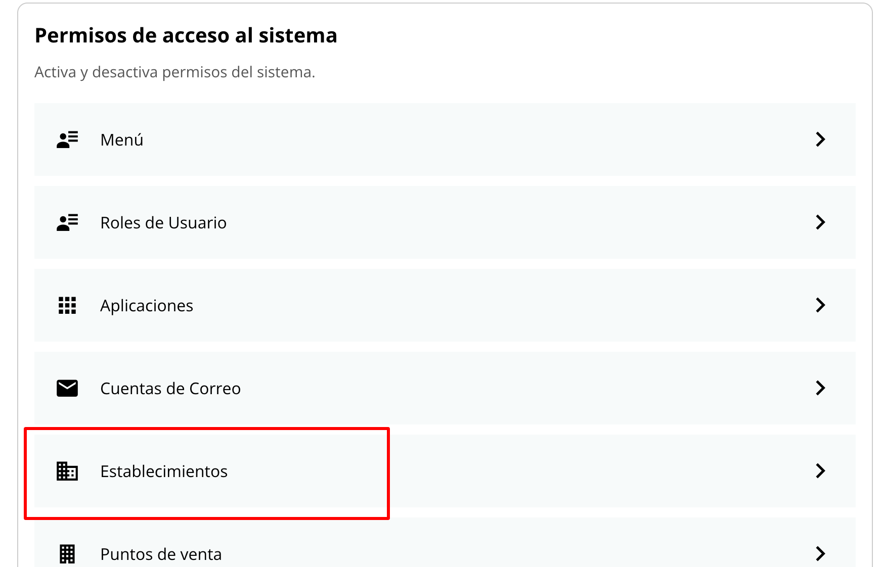 Captura de pantalla de la sección Permisos de acceso al sistema