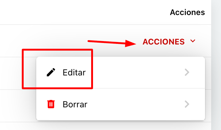 Screenshot del menú de acciones de usuario