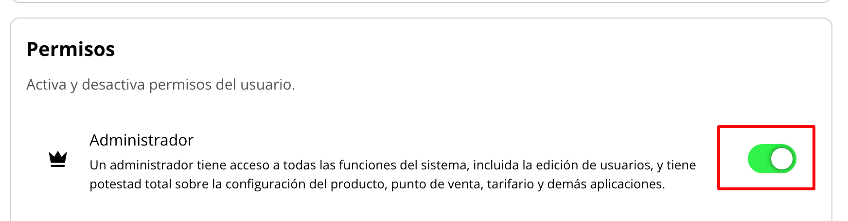 Screenshot del switch de permiso de administrador activado