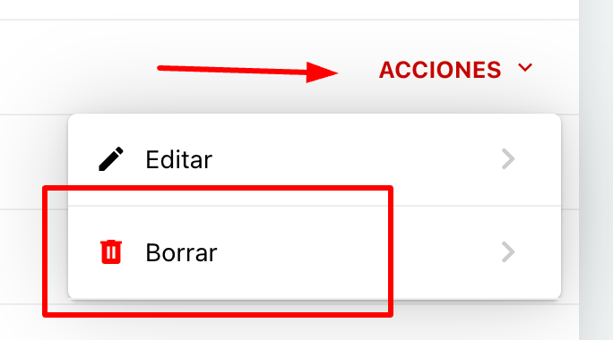 Captura de pantalla del menú de acciones para borrar un usuario