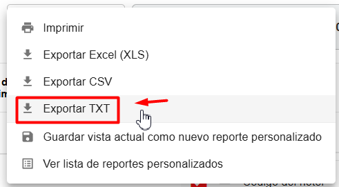 Menú desplegable con la opción 'Exportar TXT'